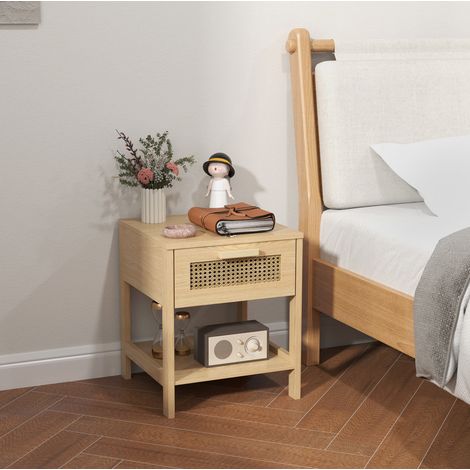 Comodino in legno naturale 40 x 40 x 48,4 cm con cassetto e ripiano, design rattan DESVIAE
