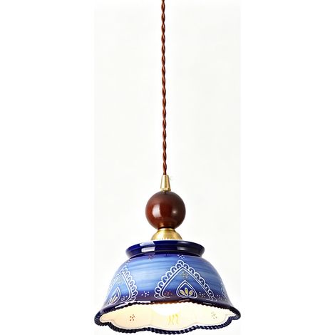 Suspension Céramique Bleue, Lampe Pendante Bohème Rétro, Abat-Jour Floral, E27, Sans Ampoule (1/5)