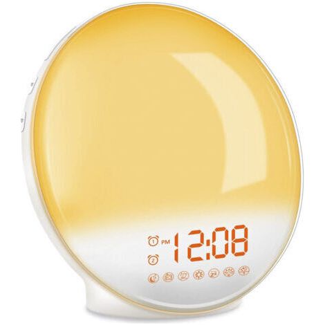 Eveil Lumière LED Radio Réveil Matin Lumineux Lampe de Chevet 20 Niveaux de Luminosité Simulateur d'Aube et Crépuscule 2 Réveils 7 Sons Naturels Fonction Snooze Veilleuse Enfant 7 Couleurs (J