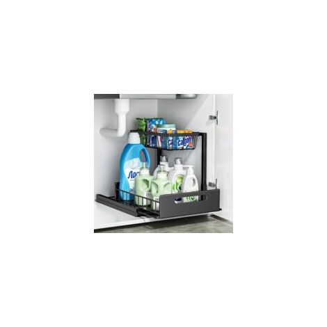 Organizador metálico bajo fregadero – Cajón deslizante de 2 niveles – Capacidad de 25 kg – Instalación sin herramientas – Almacenamiento flexible para la cocina – Crezuo