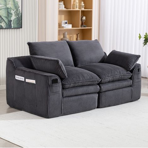 Sofá modular 2 plazas 191x94x85 cm gris oscuro en pana con cojines y bolsillos laterales (1/5)