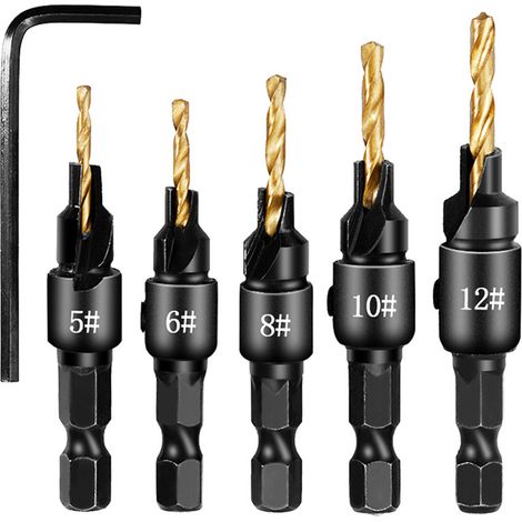 Sollbry Juego de 5 brocas avellanadoras con vástago hexagonal, accesorios para herramientas eléctricas de carpintería de plástico y metal (5/6/8/10/12) (1/4)