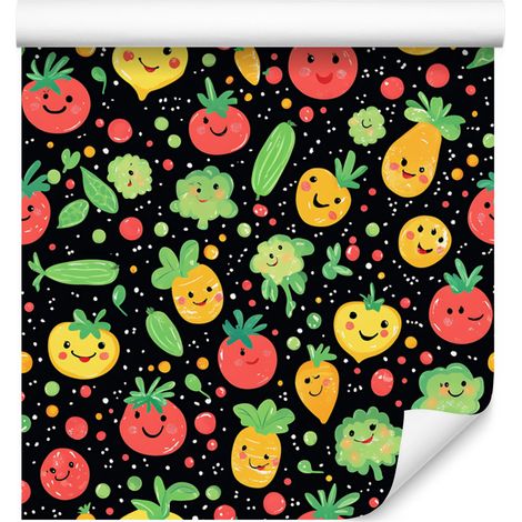 Carta da parati Kawaii con verdure, nera e verde bottiglia, 50x1000 cm (1/4)
