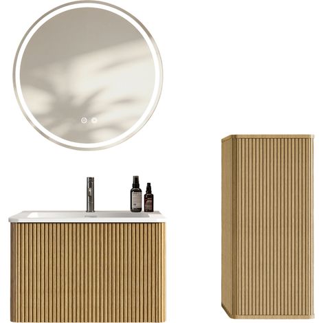 Set mobili bagno 60 cm con lavabo, specchio LED e colonna, colore rovere (1/5)