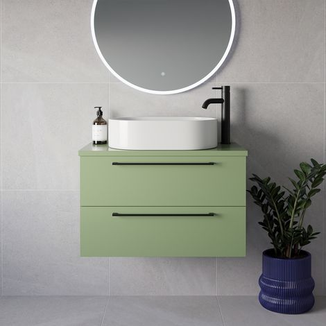 Napoli 390 Olive Green 800mm Wall Mounted 2 Drawer Vanity Unit for Countertop Basins - 800mm - Matt Black 480mm Handle