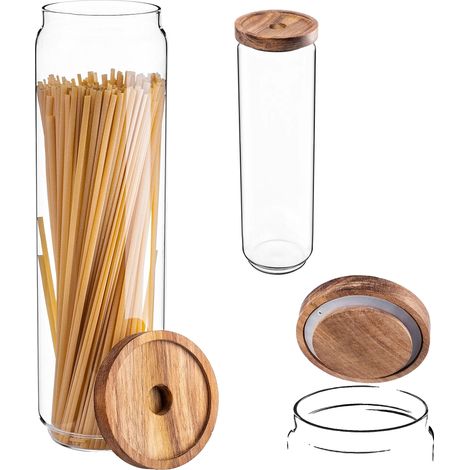 Recipiente para alimentos, vidrio borosilicato, capacidad de 1550 ml, 25 cm de alto, 10 cm de diámetro, tapa de madera con junta de silicona. (1/5)