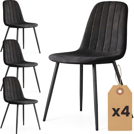 Lot de 4 Chaises en velours matelassées LUMO Noires pieds noirs (1/5)