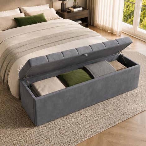 Banco tapizado en terciopelo, asiento acolchado, taburete de cama, banco con espacio de almacenamiento, gris, 138 x 41 x 42 cm (1/5)