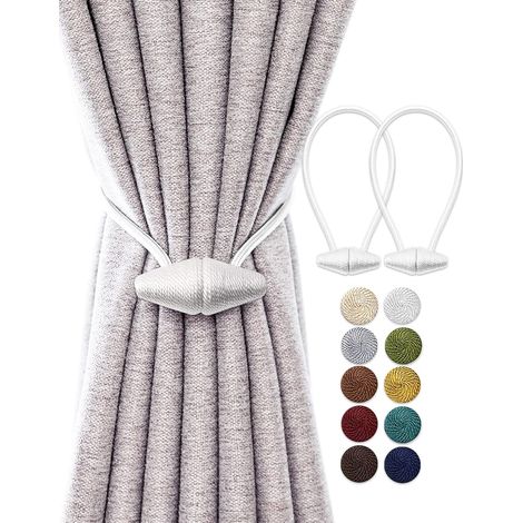 Embrasses de Rideau Magnétiques avec Aimant Plus Grand de Mise à Niveau, Paquet de 2 Retenues de Draperie de 48 cm pour Rideau Intérieur et Extérieur - Blanc