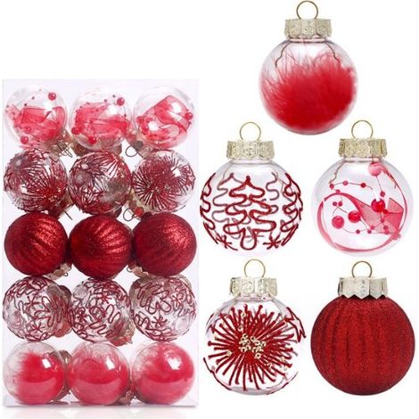 30 pcs boule de Noël, 6 cm, rouge et or, PET, avec fil de suspension, pour sapin, couronne et guirlande (1/5)