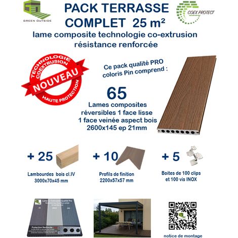 Green Outside – Kit complet 25 m² lame de terrasse composite Coexprotect® – Couleur pin – L.260 x l.14.5 cm – Résistant milieu humide – Installation facile (1/3)