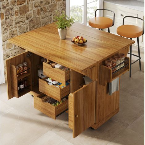 Chariot de cuisine 142,5x80x95 cm en MDF et métal brun foncé, avec rangement pour cuisine FloraGrace (1/5)