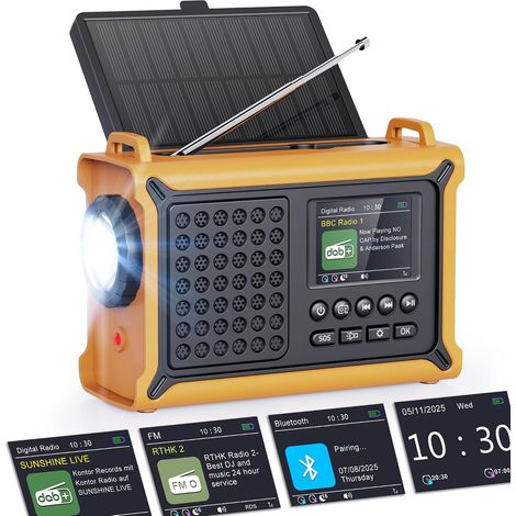 Radio d'urgence Solaire Dab+/FM avec Bluetooth 5.0, Radio Numérique Portable 12000mAh avec Panneau Solaire 8500mm² & Manivelle 650mA, Écran Couleur 2,4", 80 Stations, SOS, Lampe LED, USB, IPX6 (1/5)