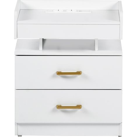 FurnitureR Table de lit moderne, Table de lit avec poignées en or, Top flottant avec LED, 2 prises & 2 USB, Table de lit pour adultes blanche avec 2 tiroirs de rangement, 45 x 35 x 52 cm (1/5)