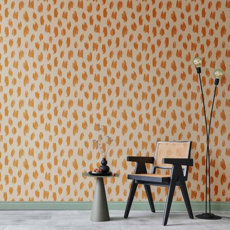 Papel pintado - Estampado dibujado con puntos y lunares - en tonos naranja y crudo / Lunares naranjas dibujados sobre un fondo claro (1/4)