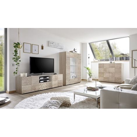 Azura Home Design – Salon complet MIREL chêne V2 – Ensemble de meubles de salon – Façades à motifs chevrons scandi – Dimensions meuble tv 181x57x42 cm (1/5)