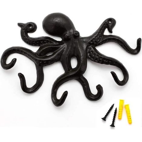 Patère - Poulpe - Design-Wandhaken im rustikalen Stil - 6 Tentakel - Schwarz - Gusseisen