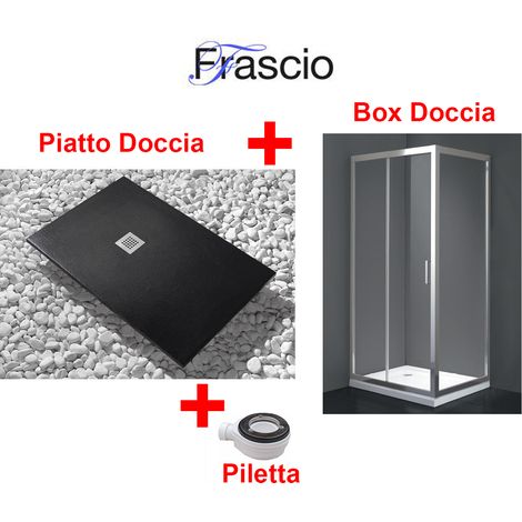 Piatto Doccia 65X140 cm Vulcano Line Slim Nero + Box doccia 65x140 cm Alto 200 cm Con Un Cristallo Fisso e Apertura frontale a 2 Cristalli - FRASCIO