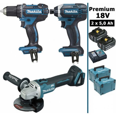 Makita – Pack d'outils électroportatifs 18V – Perceuse 62Nm DDF482, meuleuse 125mm DGA504, visseuse 165Nm DTD152 – 2 batteries 5Ah – Coffrets inclus (1/7)