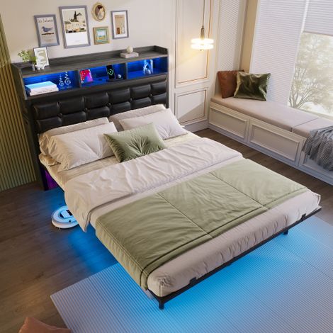Lit double (140 x 190 cm) avec sommier à lattes et tête de lit équipé de deux tables de chevet coulissantes, de compartiments de rangement, de ports de charge pour téléphone (Type-C et USB) et d'un é (1/5)