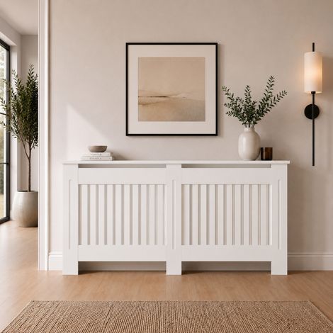 Radiator Cover Extra Large White Modern Vertical Slat MDF Cabinet with Display Shelf 1720x815x190mm (1/5)