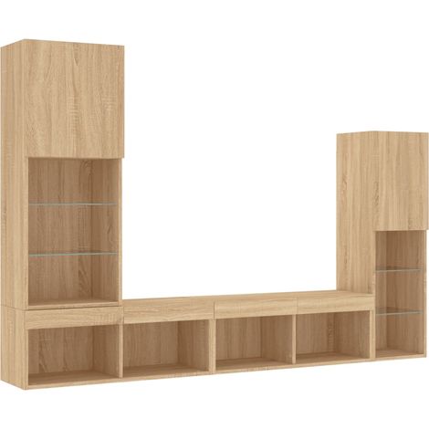 Mobile TV multimediale Scaffale TV Credenza TV Sala da pranzo Soggiorno Camera da letto con LED 4 pezzi Legno composito rovere Sonoma Marrone 020029362