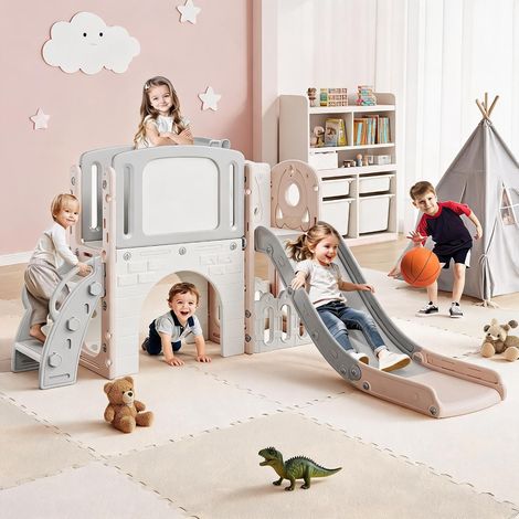 Toboggan rose clair multifonction 8 en 1 enfant, jeu combiné basket tunnel cheval à bascule mur escalade, pour intérieur et extérieur (1/5)