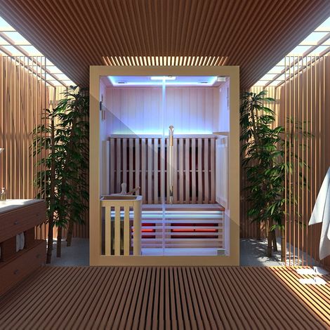 Sauna infrarouge 2 places 150x125 cm – Technologie hybride vapeur et infrarouge – Panneau digital avec Bluetooth et chromothérapie LED – Boreal (1/5)