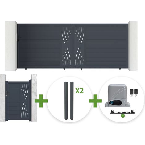 Puerta corredera VELETA de 4 m de altura y 160 cm de ancho + puerta peatonal VELETA de 1 m de altura y 160 cm de ancho + 4 postes + motor Ranger C300