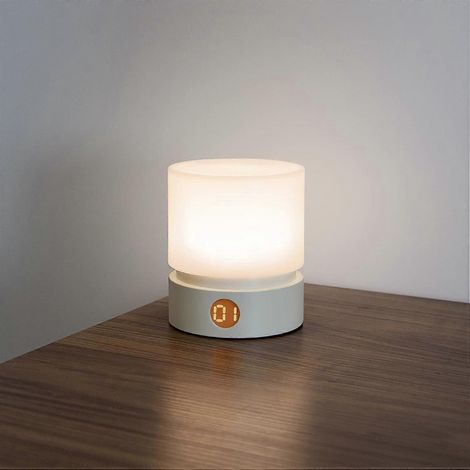 Veilleuse avec minuterie, petite lampe de chevet, veilleuse LED pour enfants et bébés, aspect bois, intensité réglable, fonctionne sur piles, rechargeable, blanche (1/5)