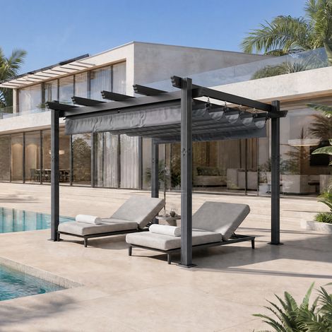 Devoko – Pergola jardin 3x3m avec toit ouvrant réglable – Toile polyester 180g/m² imperméable – Structure en acier anti-corrosion – Fixations incluses