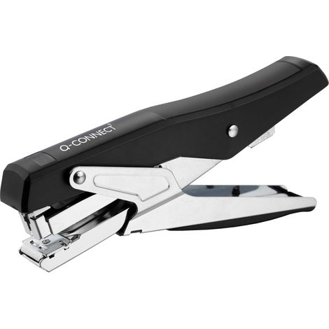 Grapadora q-connect metalizada y negra de tenaza tacto suave capacidad 25 hojas usa grapas 24/6 y 26/6