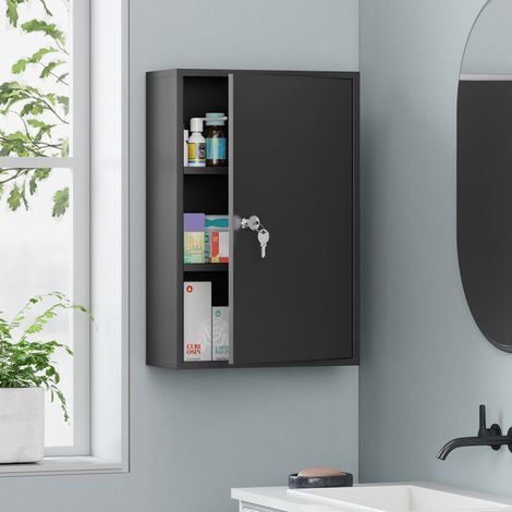 Armoire à Pharmacie 2 Étagères 3 Niveaux Verrouillable, Dim. 40L x 18l x 60H cm, 2 Clés, Métal, Noir (1/5)
