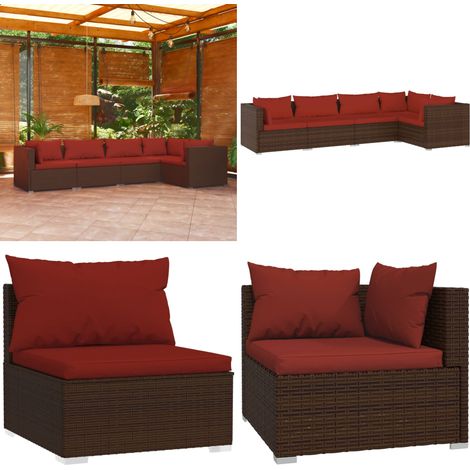 Salon de jardin 5 pcs avec coussins résine tressée marron - Meubles De Jardin - Salon De Jardin - Ensemble De Canapés - Canapé D'angle - Canapé Extérieur - Home & Living (1/5)