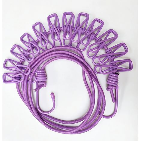 Dos tendederos retráctiles con 12 pinzas, ideales para viajes y acampadas. Para uso exterior, color morado. (1/5)