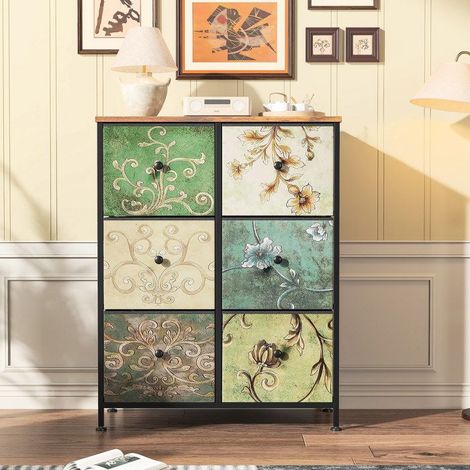 Kommode Schlafzimmer - Möbel mit 6 Schubladen aus Stoff - Retro-Stil - Verstellbare Füße - Blumenmuster - Stauraum (1/5)