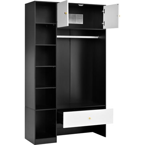 Garde-robe compacte pour entrée en noir+blanc, ensemble vestiaire avec 2 portes, 6 compartiments, tringle à vêtements et tiroir, dimensions: 105x185x40 cm