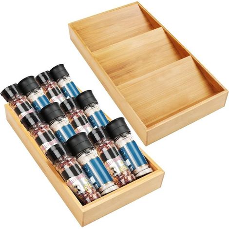 Lot de 2 range épices en bois de bambou – Tiroir à 3 niveaux incliné – Dimensions 39.5x19.5cm – Pour herbes, sels et vitamines