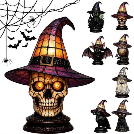 Lampe de table chapeau de sorcière chat noir en vitrail pour Halloween, veilleuse gothique artisanale à lumière chaude, lampe décorative saisonnière pour étagère de chambre à coucher C(15CM) (1/5)