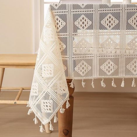 Tovaglia in pizzo, motivo geometrico a scacchi traforato con nappe, verde, 140 x 100 cm (1/5)