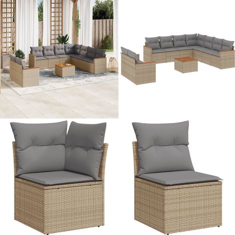 10-tlg. Garten-Sofagarnitur mit Kissen Beige Poly Rattan - Gartenmöbel Set - Lounge Set - Rattan Gartenset - Outdoor Möbel - Esstisch - Home & Living (1/5)