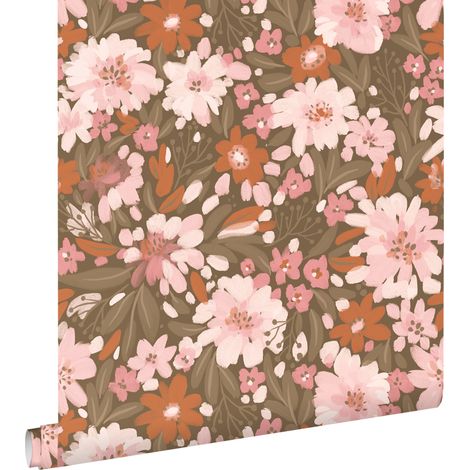 papier peint fleurs rose clair, terracotta et vert grisé - ESTAhome (1/5)