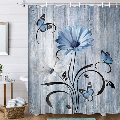 Rideau de douche champêtre à motifs floraux, orné de marguerites bleues et de papillons, mesurant 47 x 64 pouces et comprenant 12 crochets – compatible avec les tringles standard. (1/5)