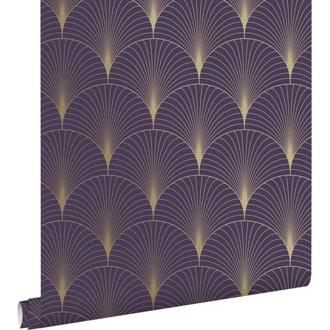 papier peint art déco violet foncé et or - ESTAhome
