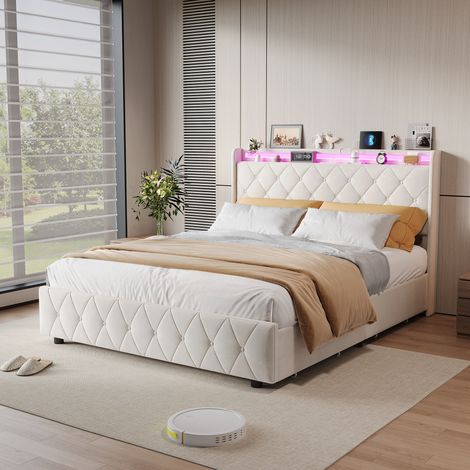 Lit coffre 160x200 cm, lit double 160x200 cm avec 2 tiroirs, éclairage led rgb, ports usb et type-c, tissu en velours beige
