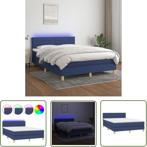The Living Store Sommier à lattes de lit avec matelas LED Bleu 140x200 cm Tissu - Lit Plateforme - Lit Avec Led - Lit Design - Lit Moderne - Lit Double (1/5)