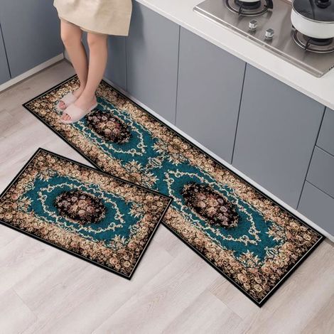 2 Vintage-Stil Küchenläufer in Blau und Braun, 40x60 cm & 40x120 cm, rutschfest für Badezimmer oder Boden