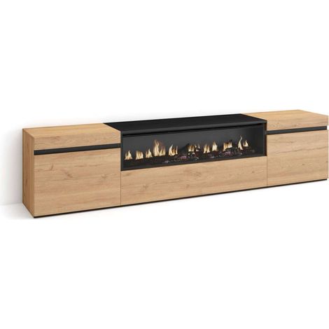 Mueble TV Frigiliana-01 de 200x45x35 cm con chimenea y luces LED, color roble y negro (1/4)