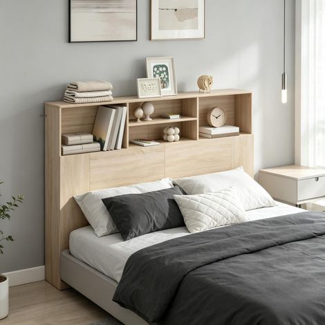 Tête de lit avec rangement pour lit de 140 cm, accessoire de tête de lit avec 4 compartiments ouverts (tête de lit seule) (1/5)