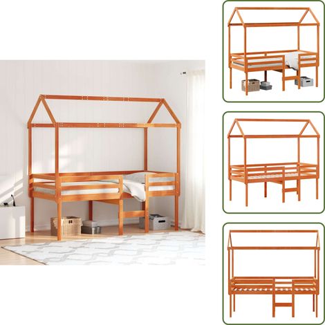 The Living Store Hochbett mit Dach Wachsbraun 90x190 cm Massivholz Kiefer - Kieferholz Bett